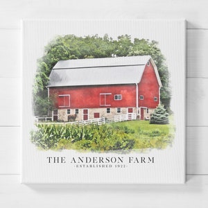 Custom Watercolor Farm Portrait - Personalized Canvas Print of your Farm with Your Family Name - Digitally Enhanced