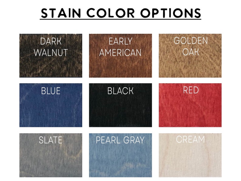 K&ouml;nnte beinhalten: Eine Tabelle mit neun verschiedenen Holzbeizfarben. Die Farben sind: Dunkel Nussbaum, Fr&uuml;h Amerikanisch, Goldene Eiche, Blau, Schwarz, Rot, Schiefer, Perlgrau und Creme.