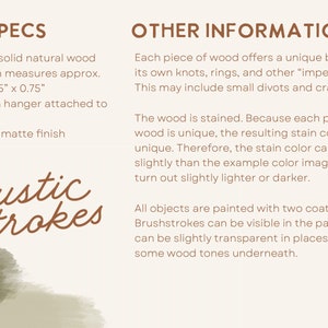 May include: Image with text describing rustic wooden signs. Signs are made of solid natural wood, measure approximately 28.58 cm x 13.97 cm x 1.91 cm, and have a sawtooth hanger. The signs are sealed in a matte finish.