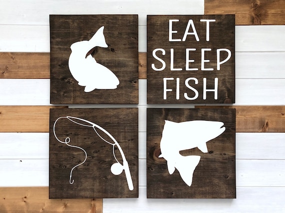 Fishing Signs Set Fishing Room Decor Fishing Nursery Lake House Decor  Fishing Gift Eat Sleep Fish Sign 