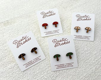 Hypoallergenic Mushroom Stud Earrings - Wood Mushroom Earrings - Toadstool Earrings - Boho Wood Studs - Plant Gift