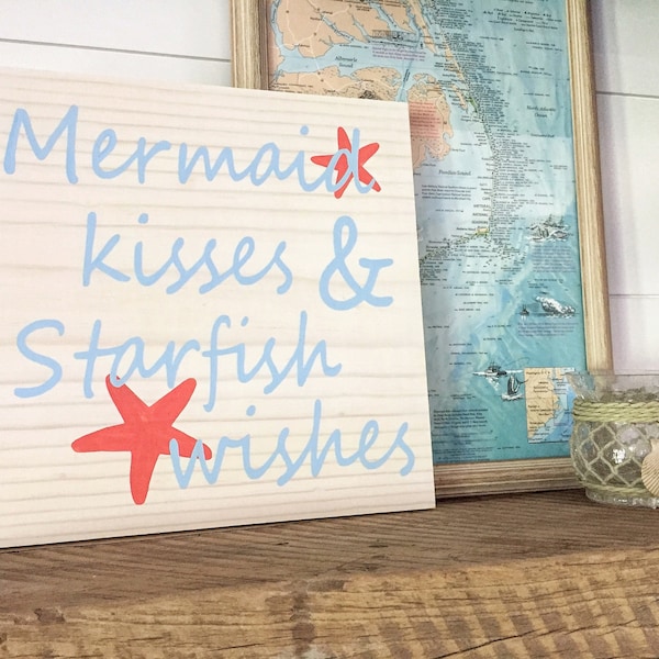 Mermaid Kisses and Starfish Wishes Sign | Mermaid Nursery | Mermaid Room decor | Mermaid Birthday Party | Beach wall art | Coastal decor