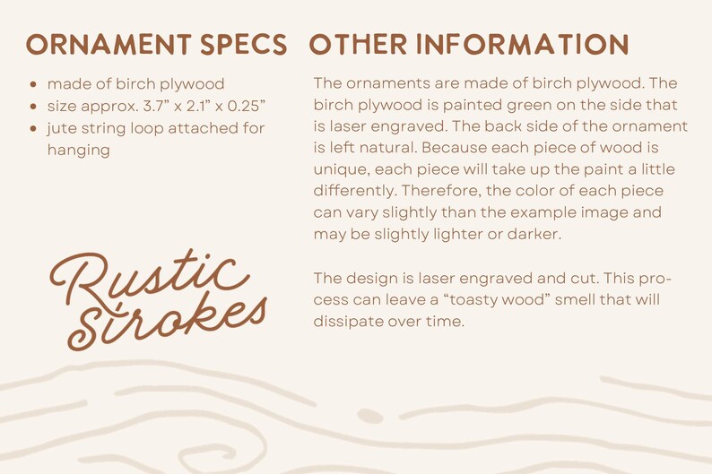 Puede incluir: Texto sobre un fondo beige que describe las especificaciones de los adornos y otra informaci&oacute;n. Los adornos est&aacute;n hechos de madera contrachapada de abedul, de aproximadamente 9,4 cm x 5,3 cm x 0,6 cm, con un lazo de cuerda de yute. El dise&ntilde;o est&aacute; grabado con l&aacute;ser.