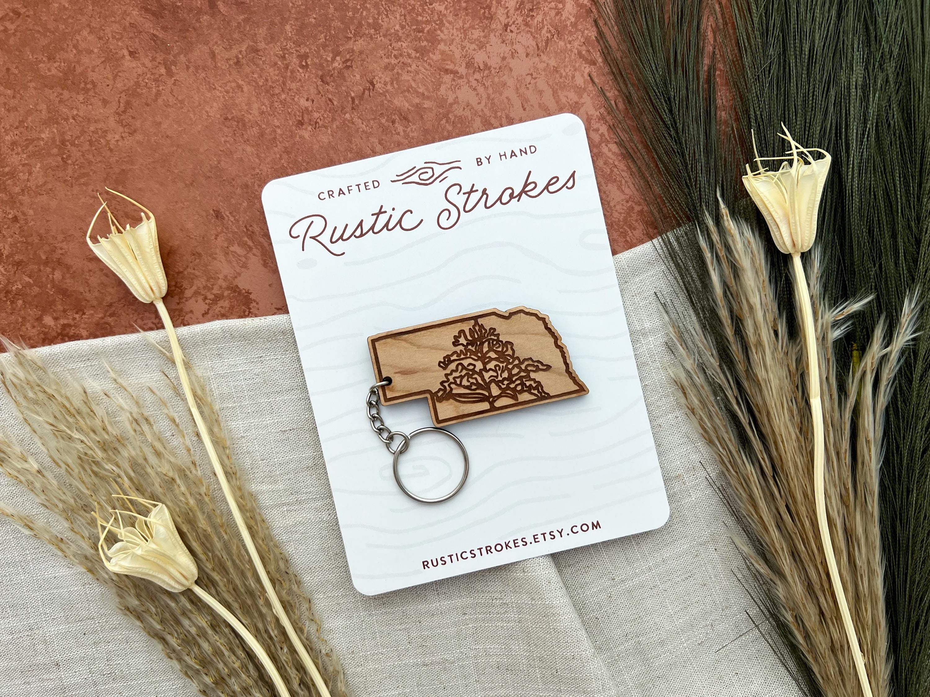 Nebraska Goldenrod Keychain: Engraved Wood State Flower Keyring