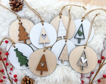 Wooden Christmas Tree Ornaments | Neutral Scandinavian Decor, Set of 8