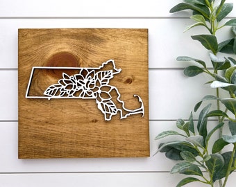 Massachusetts Sign | Mayflower Flower | Massachusetts Gift | State Flower Art | Laser Engraved Wood |Massachusetts Wall Art | Moving gift |