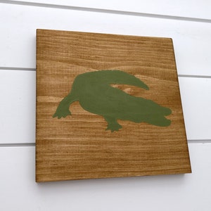 Puede incluir: Un letrero de madera con una silueta de cocodrilo verde pintada en &eacute;l.