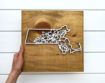 Massachusetts Mayflower Sign - Unique State Gift - Massachusetts Gift - State Flower Art - Massachusetts Wood Wall Art