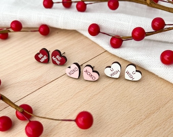 Hypoallergenic Conversation Heart Stud Earrings - Valentine's Earrings - Heart Earrings - Wood Earrings