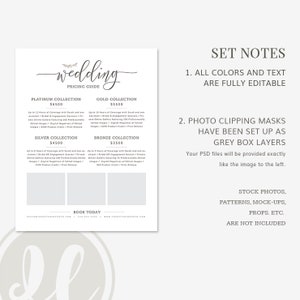 Pu&ograve; includere: Una guida ai prezzi dei matrimoni con collezioni Platino, Oro, Argento e Bronzo. Il documento &egrave; completamente modificabile, con livelli di caselle grigie per le maschere di ritaglio delle foto. Non sono incluse foto d'archivio, modelli, mockup e oggetti di scena.