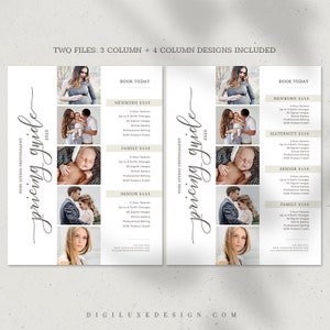 Puede incluir: Una gu&iacute;a de precios para un estudio de fotograf&iacute;a con un dise&ntilde;o de 3 columnas y 4 columnas. La gu&iacute;a enumera los precios para sesiones de fotograf&iacute;a de reci&eacute;n nacidos, maternidad, familia y personas mayores. La gu&iacute;a incluye una sesi&oacute;n de 1 hora, hasta 4 cambios de atuendo, 10 im&aacute;genes digitales, una galer&iacute;a en l&iacute;nea, edici&oacute;n profesional y un cr&eacute;dito de producto de 150 &euro;.