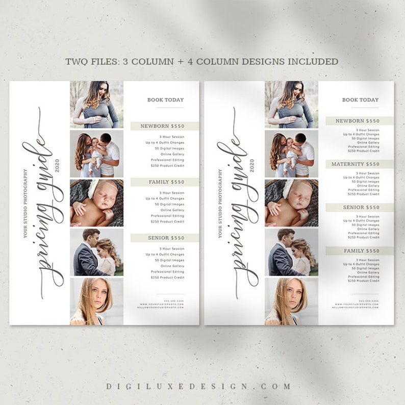 Puede incluir: Una gu&iacute;a de precios para un estudio de fotograf&iacute;a con un dise&ntilde;o de 3 columnas y 4 columnas. La gu&iacute;a enumera los precios para sesiones de fotograf&iacute;a de reci&eacute;n nacidos, maternidad, familia y personas mayores. La gu&iacute;a incluye una sesi&oacute;n de 1 hora, hasta 4 cambios de atuendo, 10 im&aacute;genes digitales, una galer&iacute;a en l&iacute;nea, edici&oacute;n profesional y un cr&eacute;dito de producto de 150 &euro;.