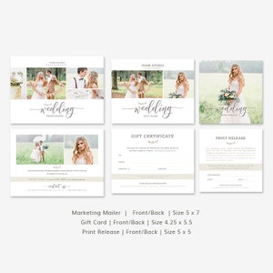 Pu&ograve; includere: Una collezione di materiali di marketing per la fotografia di matrimoni. Include una mailing list, un buono regalo e un comunicato stampa. I design presentano fotografie di coppie e spose, con testo elegante e accenti floreali. Le dimensioni sono 5x7, 4.25x5.5 e 5x5 pollici (circa 12.7x17.8, 10.8x14 e 12.7x12.7 cm).