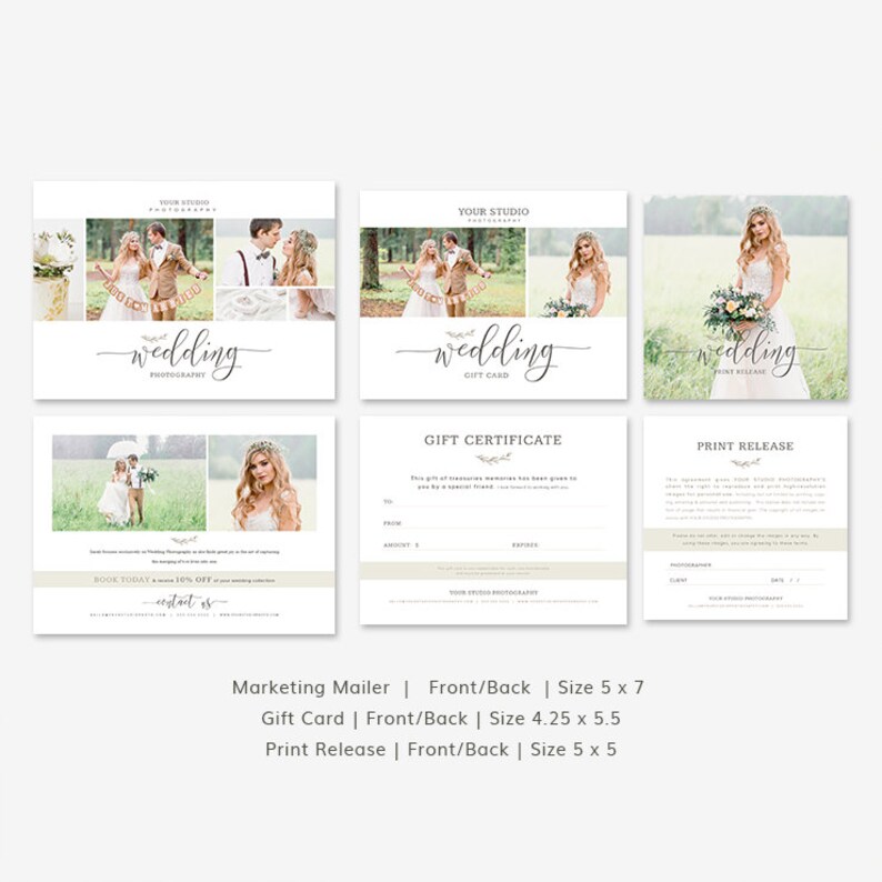 Pu&ograve; includere: Una collezione di materiali di marketing per la fotografia di matrimoni. Include una mailing list, un buono regalo e un comunicato stampa. I design presentano fotografie di coppie e spose, con testo elegante e accenti floreali. Le dimensioni sono 5x7, 4.25x5.5 e 5x5 pollici (circa 12.7x17.8, 10.8x14 e 12.7x12.7 cm).
