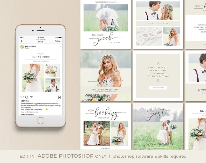 Wedding Photography Instagram Templates, Social Media Templates for Photographers, INSTANT DOWNLOAD, Photo Marketing Templates image 1