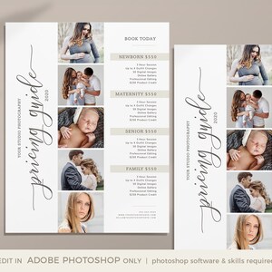 Puede incluir: Una gu&iacute;a de precios para un estudio de fotograf&iacute;a. La gu&iacute;a enumera los precios de las sesiones de fotograf&iacute;a de reci&eacute;n nacidos, maternidad, senior y familia. Cada sesi&oacute;n incluye una sesi&oacute;n de 3 horas, hasta 6 cambios de atuendo, 50 im&aacute;genes digitales, una galer&iacute;a en l&iacute;nea, edici&oacute;n profesional y un cr&eacute;dito de 150 &euro;.