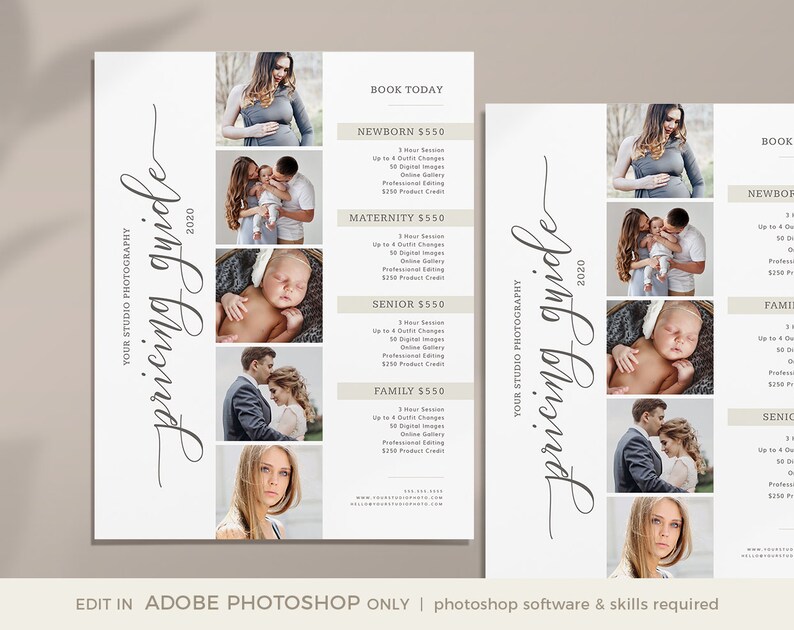 Puede incluir: Una gu&iacute;a de precios para un estudio de fotograf&iacute;a. La gu&iacute;a enumera los precios de las sesiones de fotograf&iacute;a de reci&eacute;n nacidos, maternidad, senior y familia. Cada sesi&oacute;n incluye una sesi&oacute;n de 3 horas, hasta 6 cambios de atuendo, 50 im&aacute;genes digitales, una galer&iacute;a en l&iacute;nea, edici&oacute;n profesional y un cr&eacute;dito de 150 &euro;.