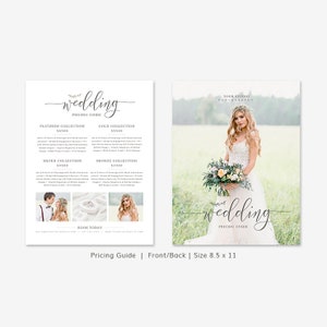 Pu&ograve; includere: Una guida ai prezzi dei matrimoni con un design fronte/retro. Il fronte presenta una sposa in abito bianco con un bouquet. Il retro elenca i prezzi per le collezioni Platinum, Gold, Silver e Bronze. La guida misura 21,6 x 27,9 cm.