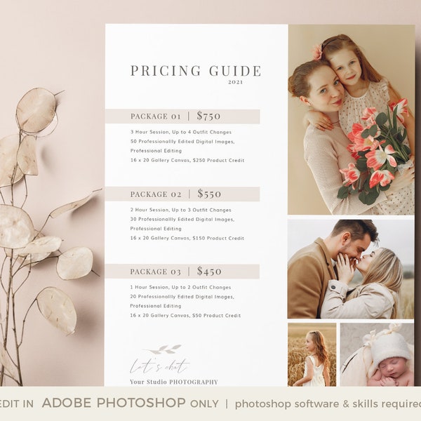 Photography Pricing Template, Price Guide List for Photographers, INSTANT DOWNLOAD, Pricing Guide, Single Page PHOTOSHOP Template