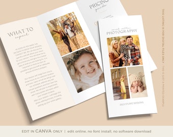 Modello di brochure a tre ante per fotografia CANVA, volantino di fotografia, modello di brochure di fotografia di famiglia, volantino di benvenuto per lo studio
