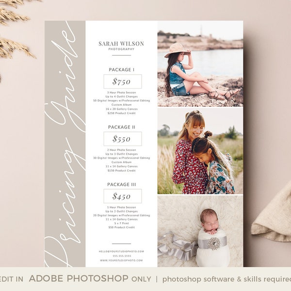 Photography Pricing Template, Price Guide List for Photographers, INSTANT DOWNLOAD, Pricing Guide, Photo Price List