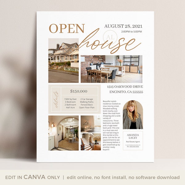 Open House Flyer CANVA Template, Realtor Open House Flyer Template, Real Estate Marketing, INSTANT DOWNLOAD