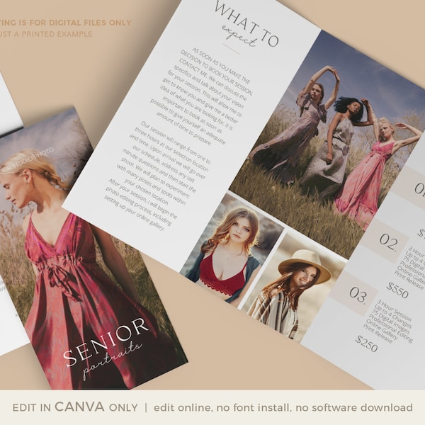 Senior Photography Trifold Brochure Template for CANVA, Photography Flyer, Senior Photography Brochure Template, Studio Welcome Flyer