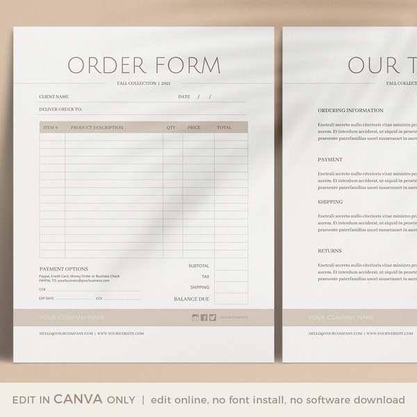 Order Form Template for CANVA, Terms Sheet, Wholesale Order Form Template, Sell Form, CANVA Template, Instant Download