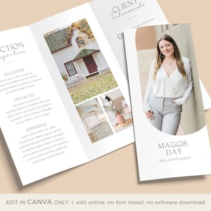 Brochura com três dobras para corretor de imóveis, brochura editável para corretor de imóveis, brochura de introdução para corretor de imóveis, MODELO CANVA, carta de apresentação para corretor de imóveis