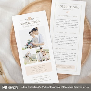May include: A wedding photography brochure with a floral design and the text "Weddings by Your Studio Photography." It features photos of a couple and details on wedding packages. The brochure is a Photoshop template.