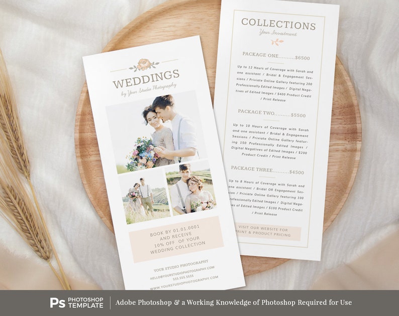 May include: A wedding photography brochure with a floral design and the text "Weddings by Your Studio Photography." It features photos of a couple and details on wedding packages. The brochure is a Photoshop template.