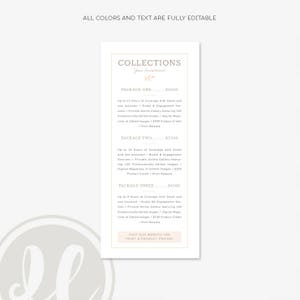 May include: A vertical document with the title "COLLECTIONS" and pricing packages for photography services. The text "ALL COLORS AND TEXT ARE FULLY EDITABLE" is at the top. The packages include coverage hours, online galleries, and product credits.