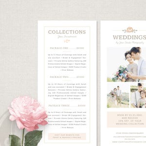 May include: A wedding photography price list with three packages, each detailing coverage hours, digital negatives, and product credit. The design includes a soft pink rose and a section with wedding photos. The text includes the studio's website and contact information.