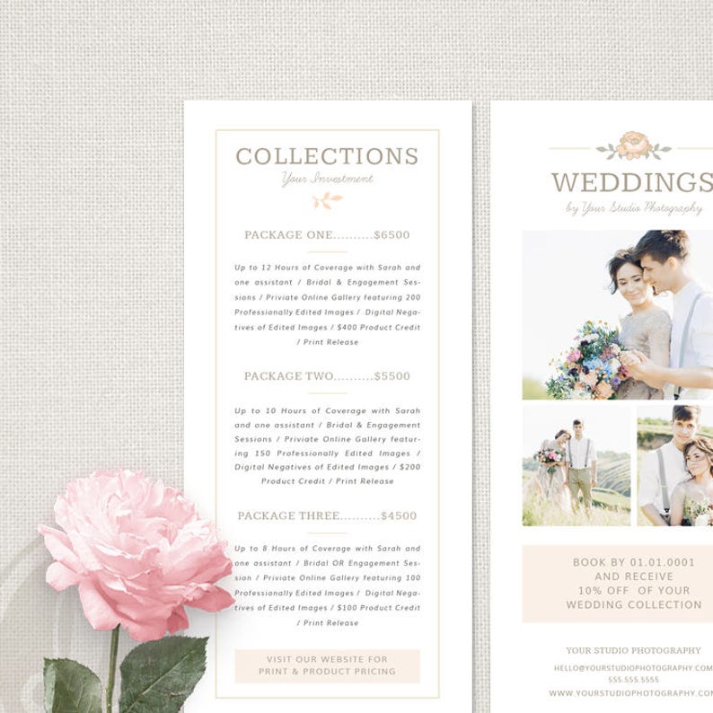 May include: A wedding photography price list with three packages, each detailing coverage hours, digital negatives, and product credit. The design includes a soft pink rose and a section with wedding photos. The text includes the studio's website and contact information.