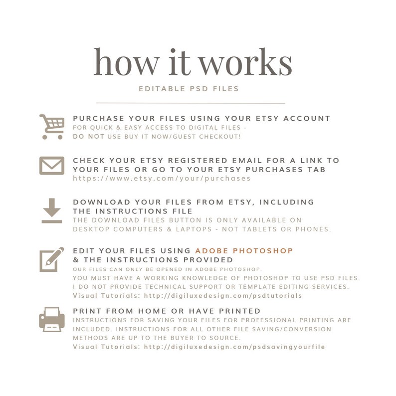 May include: A white graphic with the text "how it works" and instructions for purchasing, downloading, and editing digital files. Includes links to Etsy and Photoshop tutorials. The image is for editable PSD files.