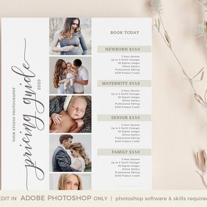 Puede incluir: Una gu&iacute;a de precios para un estudio de fotograf&iacute;a. La gu&iacute;a enumera los precios de las sesiones de fotograf&iacute;a de reci&eacute;n nacidos, maternidad, senior y familia. Cada sesi&oacute;n incluye una sesi&oacute;n de 3 horas, hasta 4 cambios de atuendo, 50 im&aacute;genes digitales, una galer&iacute;a en l&iacute;nea, edici&oacute;n profesional y 250 &euro; de cr&eacute;dito de producto.