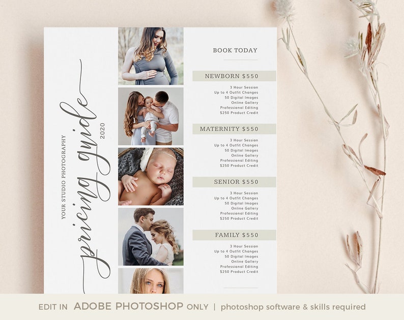 Puede incluir: Una gu&iacute;a de precios para un estudio de fotograf&iacute;a. La gu&iacute;a enumera los precios de las sesiones de fotograf&iacute;a de reci&eacute;n nacidos, maternidad, senior y familia. Cada sesi&oacute;n incluye una sesi&oacute;n de 3 horas, hasta 4 cambios de atuendo, 50 im&aacute;genes digitales, una galer&iacute;a en l&iacute;nea, edici&oacute;n profesional y 250 &euro; de cr&eacute;dito de producto.