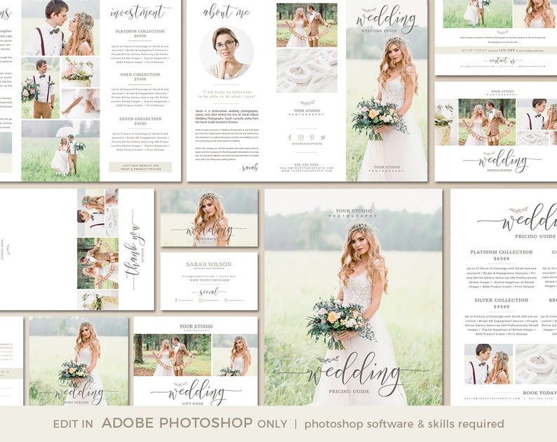Pu&ograve; includere: Un set di marketing per la fotografia di matrimoni con una sposa in abito bianco, uno sposo e vari layout. Il design include la parola "wedding" in elegante scrittura, insieme a guide ai prezzi e un biglietto da visita. Progettato in Adobe Photoshop.