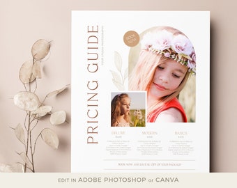 Boho Photography Pricing Guide Template: Canva & Photoshop (8.5x11 US Letter)