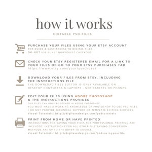 Pu&ograve; includere: Grafica bianca con il testo "how it works" e istruzioni per l'acquisto, il download e la modifica di file digitali. Include collegamenti a Etsy e tutorial di Photoshop. Per file PSD modificabili.