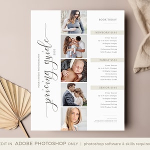 Puede incluir: Una gu&iacute;a de precios blanca para un estudio de fotograf&iacute;a. La gu&iacute;a incluye precios para sesiones de fotograf&iacute;a de reci&eacute;n nacidos, familiares y de personas mayores. Cada sesi&oacute;n incluye una sesi&oacute;n de 3 horas, hasta 4 cambios de atuendo, im&aacute;genes digitales, una galer&iacute;a en l&iacute;nea, edici&oacute;n profesional y un cr&eacute;dito de producto.