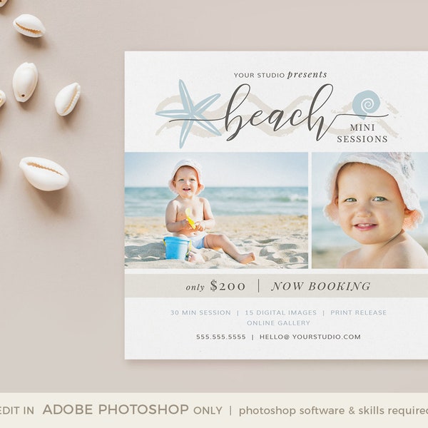 Beach Mini Session Template, INSTANT DOWNLOAD, 5x5 Photographer Marketing Board, Beach Sessions