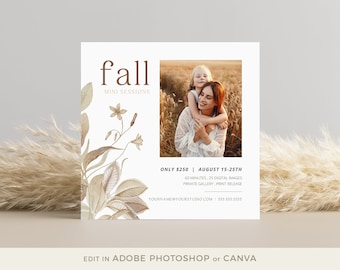 Fall Mini Session Template for CANVA and PHOTOSHOP, Boho Autumn Floral Marketing Board for Photographers, Instant Download