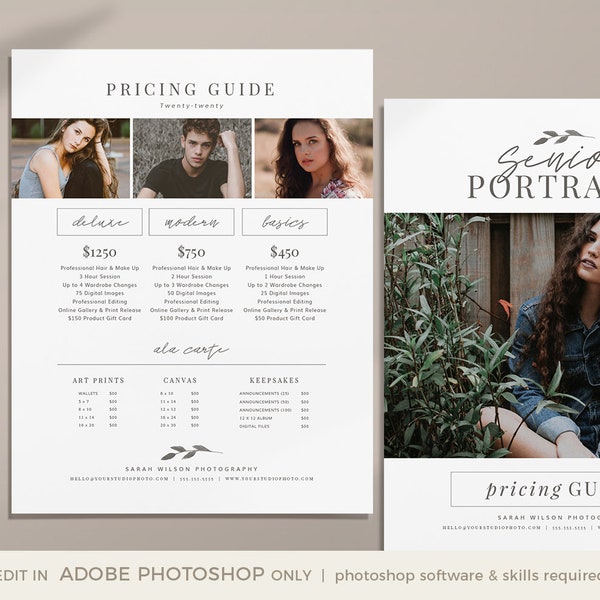 Senior Photography Pricing Template, Senior Pricing Guide, Senior Photographer Price Sheet, Price Guide List, Photo Price List