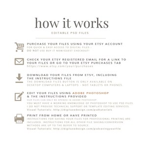 Puede incluir: Una gu&iacute;a sobre c&oacute;mo usar archivos PSD editables comprados en Etsy. La gu&iacute;a incluye instrucciones para descargar archivos, editarlos en Adobe Photoshop e imprimirlos en casa o hacer que los imprima un profesional. Tambi&eacute;n incluye enlaces a tutoriales visuales para guardar archivos y usar Photoshop.