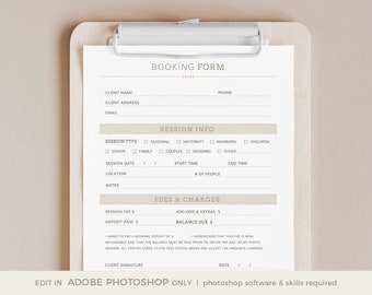 Client Booking Form Template for Photographers - Photography Forms, INSTANT DOWNLOAD, Photoshop Template, Photography Booking Form Template
