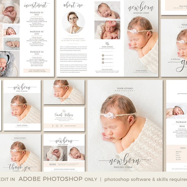 Newborn Photography Marketing Set, Newborn Photographer Branding, INSTANT DOWNLOAD, Newborn Pricing Guide, Trifold Brochure, Mini Sessions