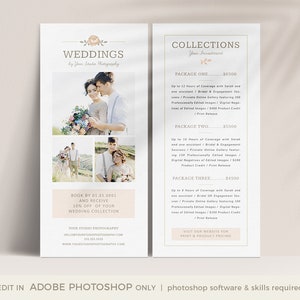 May include: A two-page wedding photography brochure with a soft, neutral color palette. The left side features three photos of a couple, with the text "Weddings" at the top. The right side lists photography packages and pricing.