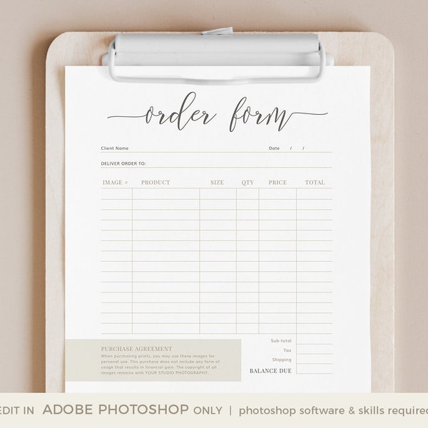 Order Form Template for Photographers, Photography Print Order Form, Photoshop Template, INSTANT DOWNLOAD, Photography Forms