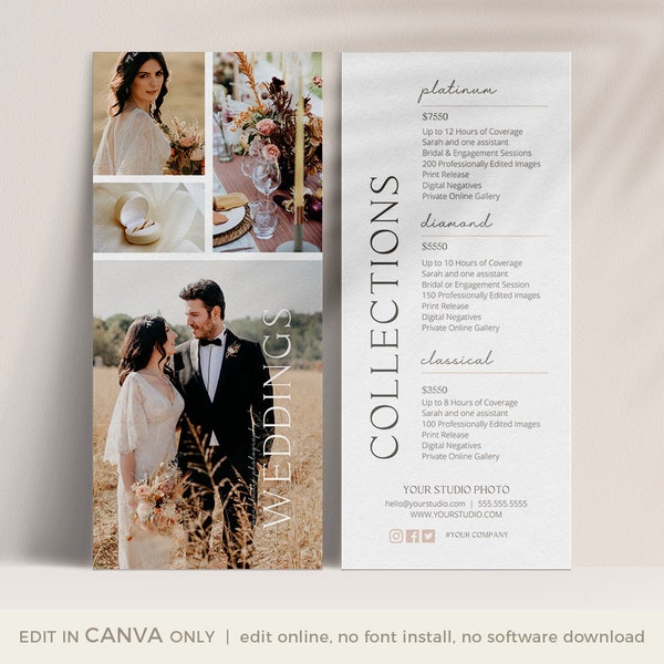 Wedding Photography Marketing Card Template for CANVA, 4x9 Rack Card Template, Promo Card Template, INSTANT DOWNLOAD, Wedding Photographer